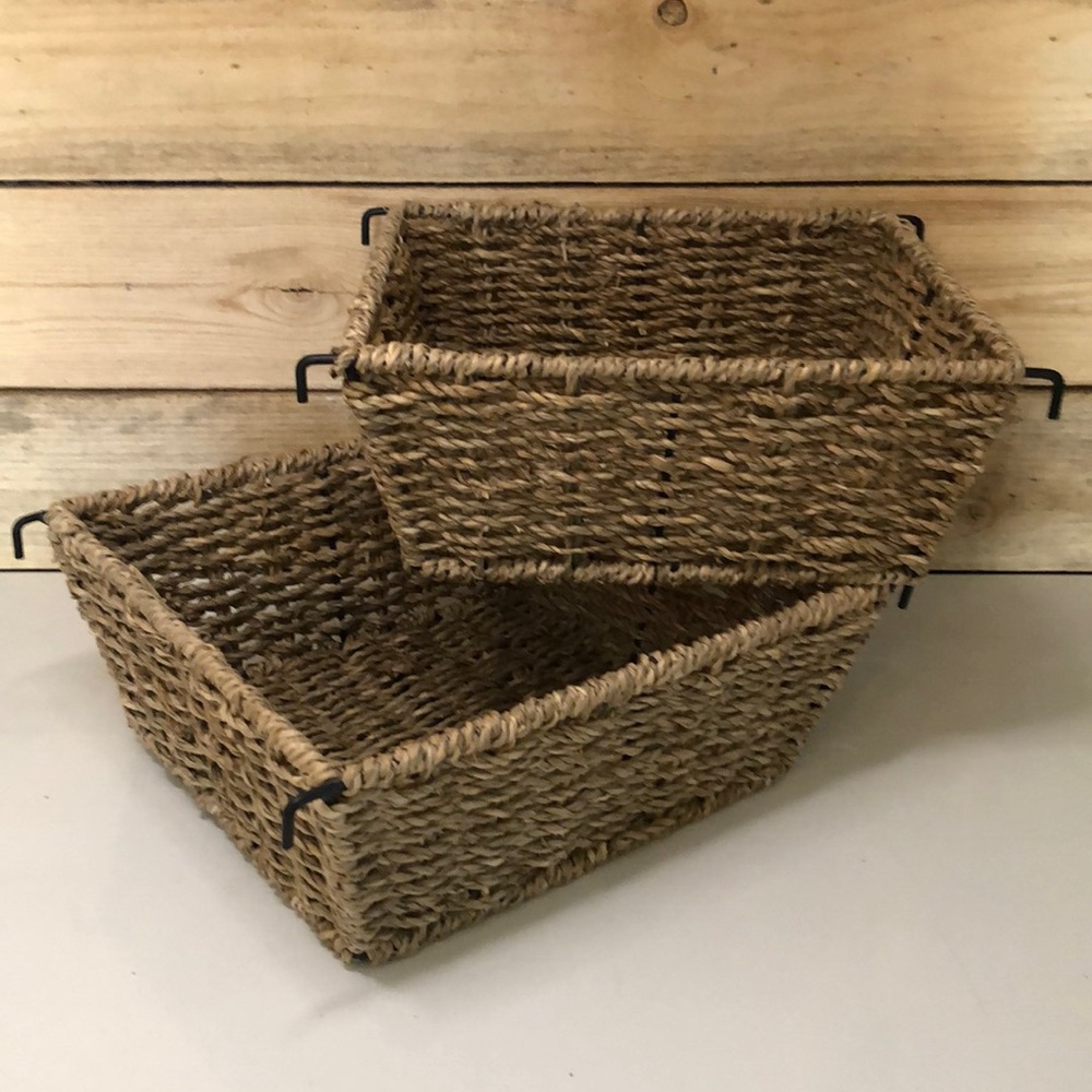 2 wicker rattan square baskets with wire hooks for hanging